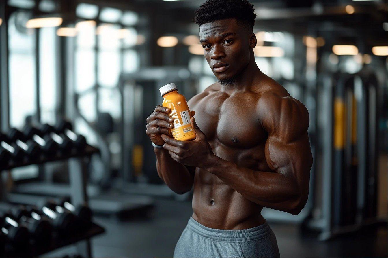 Homme sportif tenant une bouteille orange dans une salle de gym