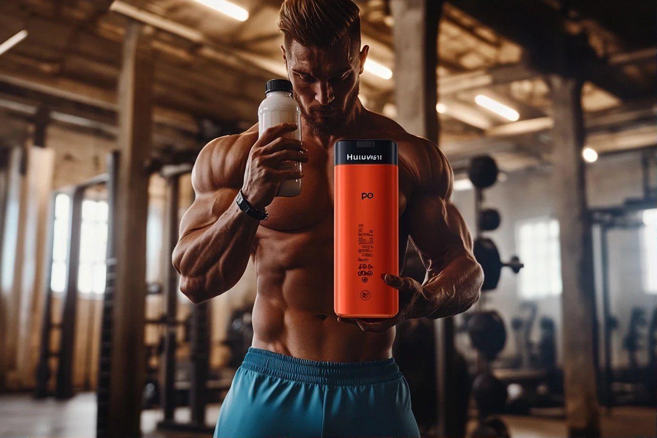 Homme musclé tenant une bouteille dans un gymnase