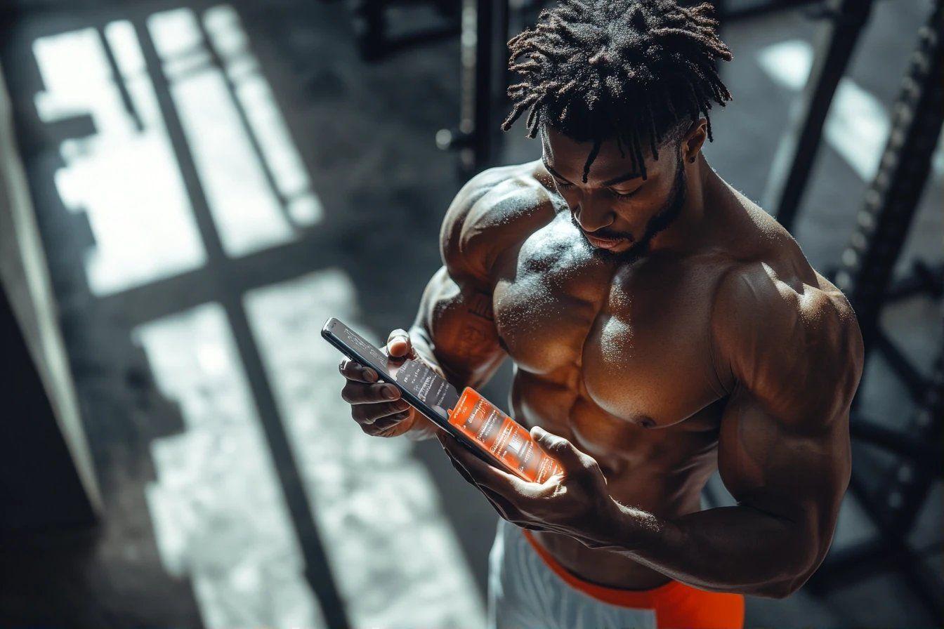Bodybuilder torse nu avec téléphone dans un gymnase sombre