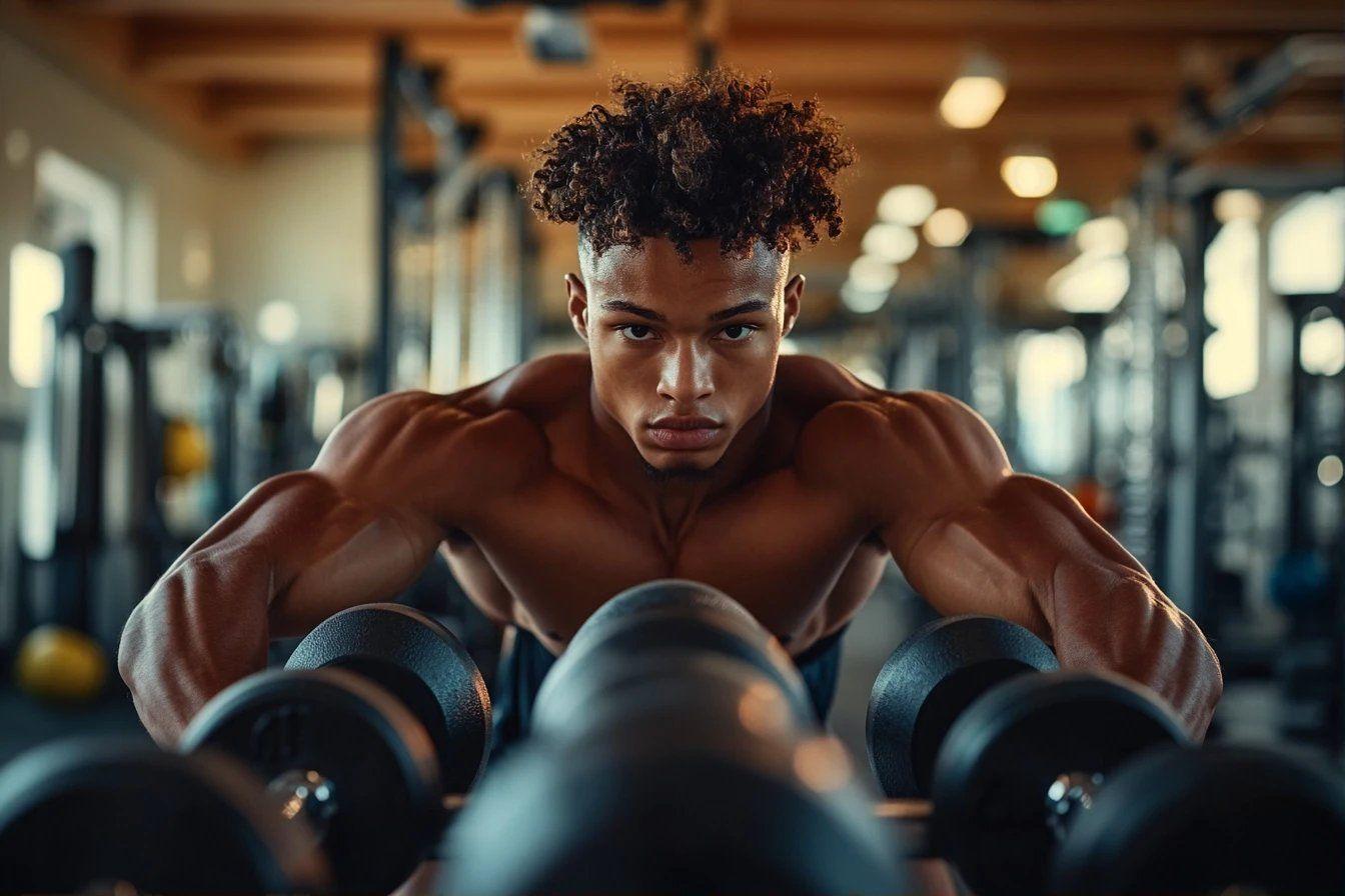 Homme en forme soulevant des haltères dans un gymnase