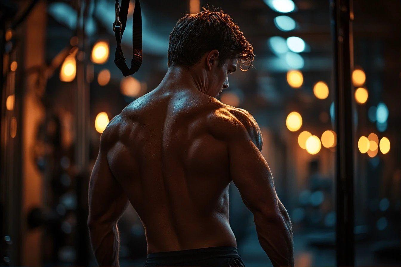 Dos d'un sportif transpirant dans un environnement d'entraînement sombre