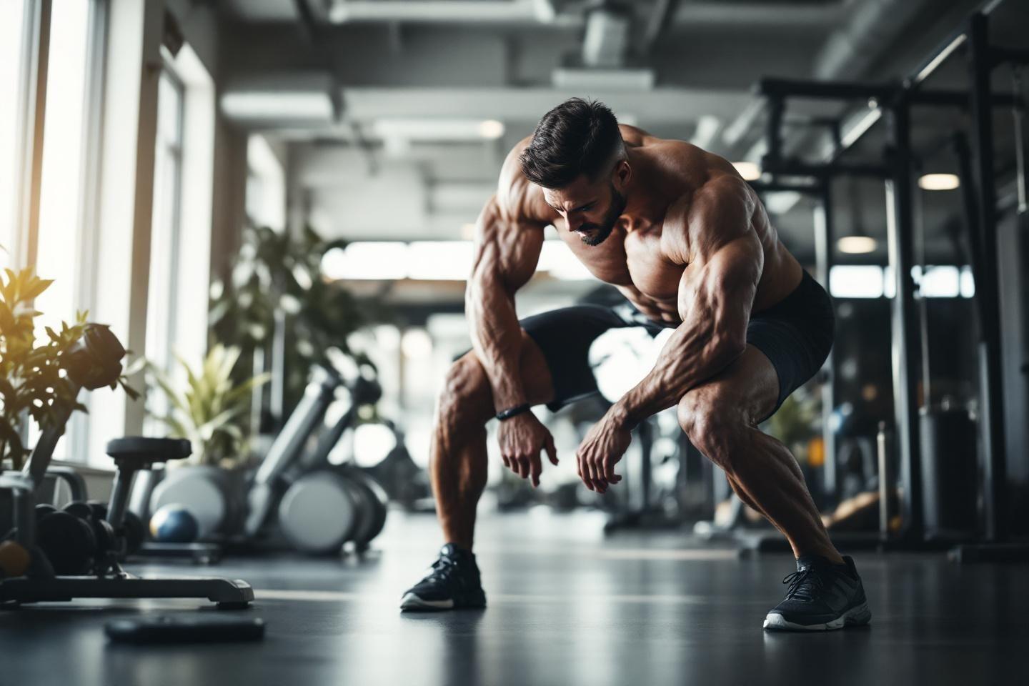 Homme musclé dans une posture de squat intense en salle de fitness