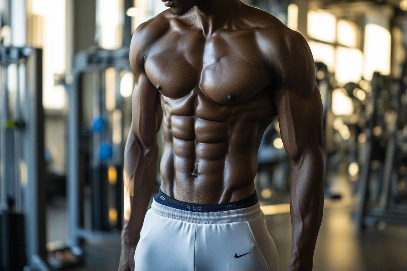 Torse d'un homme musclé et en forme dans un gymnase