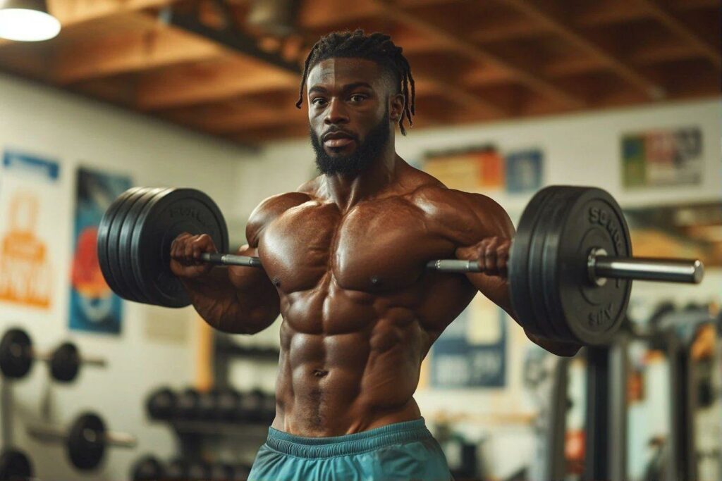 Homme musclé à la salle de musculation avec des poids