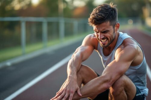 Sportif en tank top grimaçant de douleur sur une piste