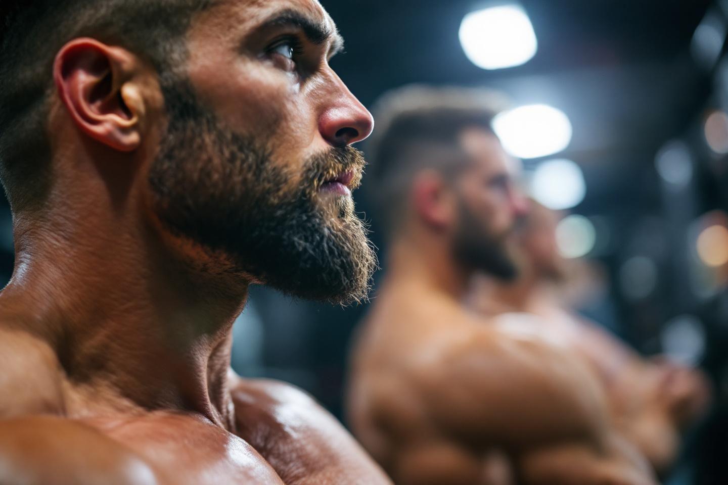 Hommes barbus musclés regardant devant eux dans une salle
