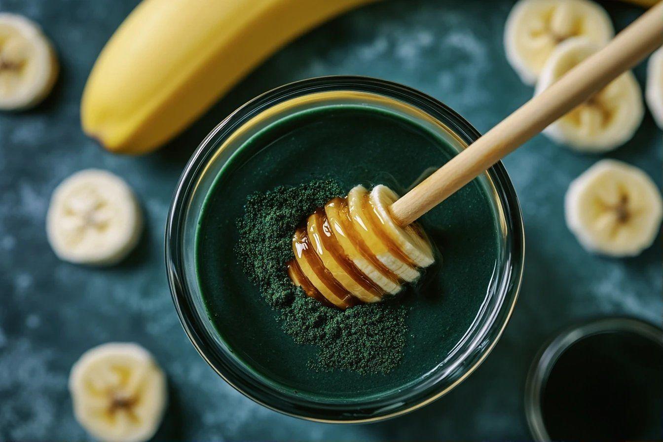 Tranches de banane au miel sur fond de spiruline verte