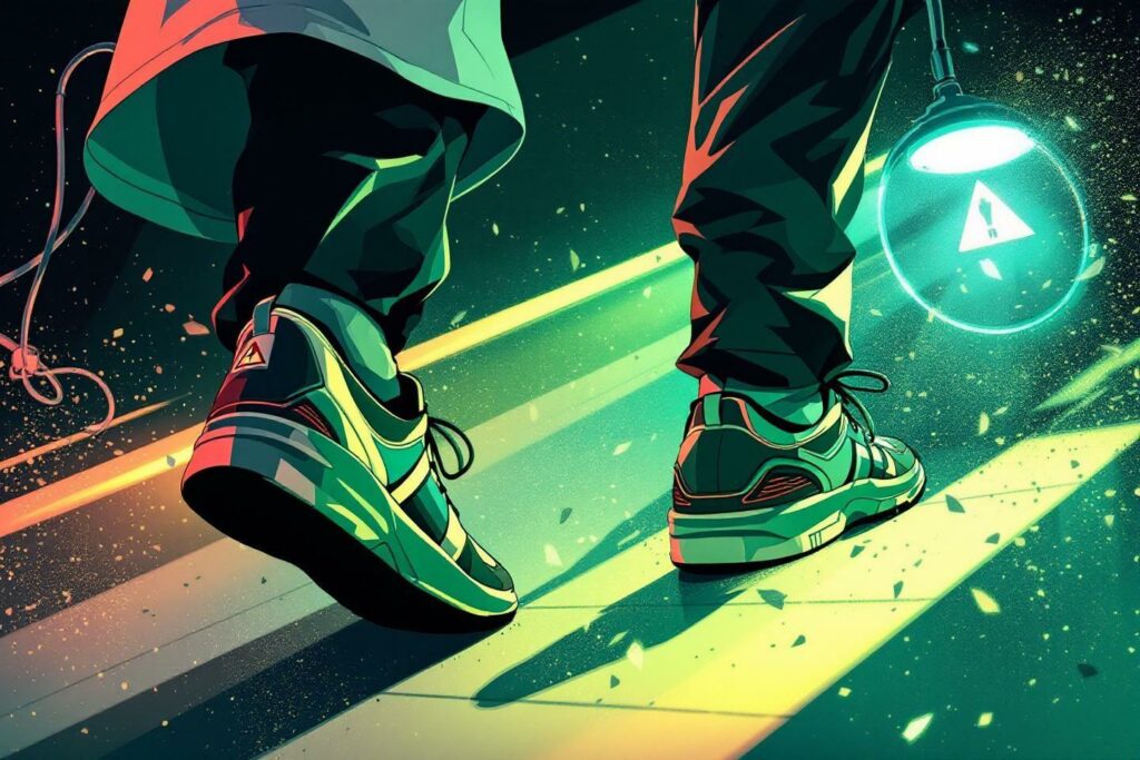 Chaussures stylisées dans un environnement cyberpunk lumineux