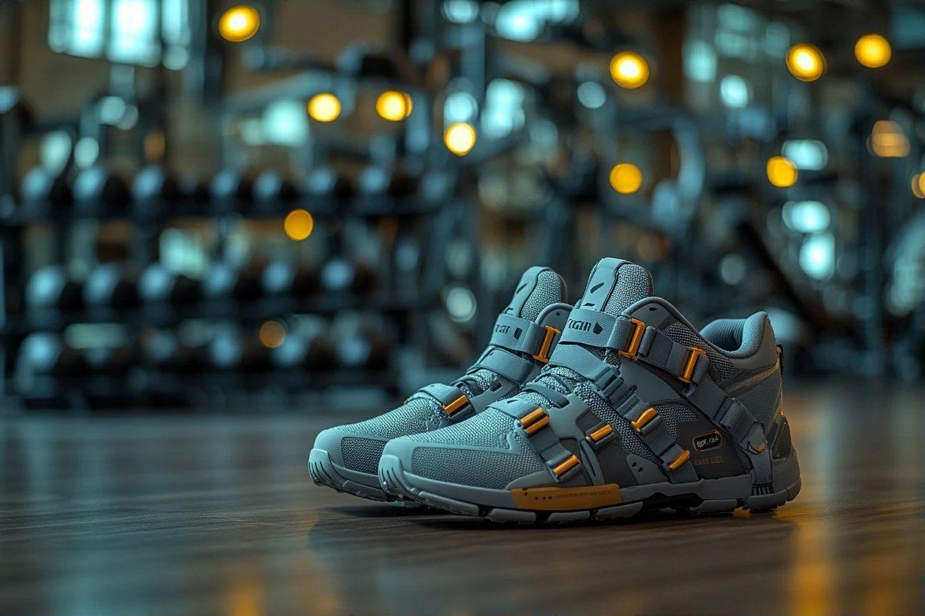 Chaussures techniques grises et oranges sur sol brillant