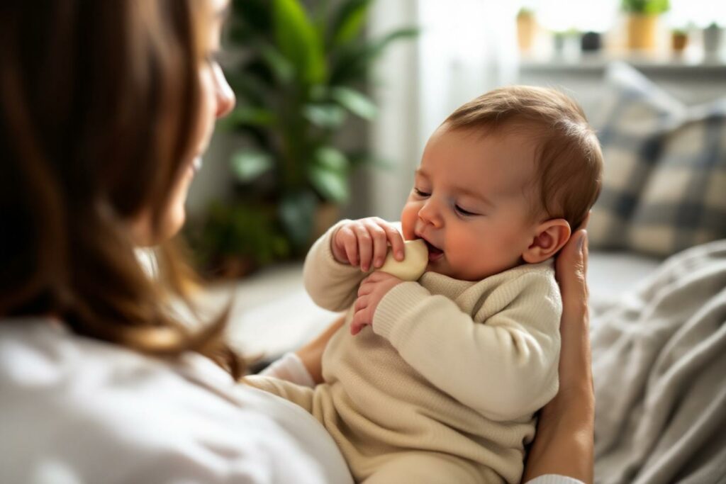 Jeune enfant blotti contre sa mère, portant un pull beige