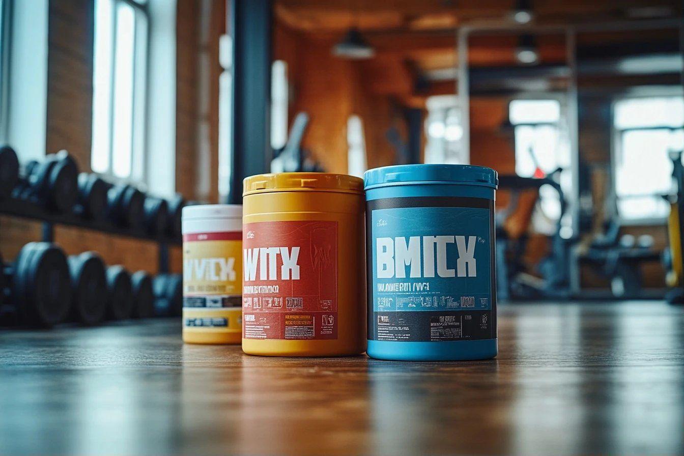 Trois bocaux de protéines colorés dans une salle de gym
