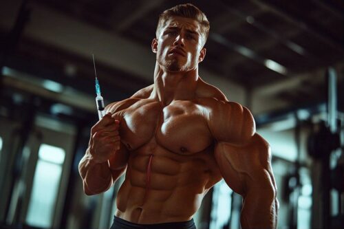 Homme musclé tenant une seringue dans un environnement sombre