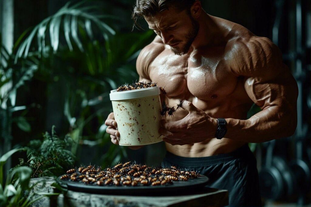 Homme musclé tenant un bol d'insectes dans un environnement végétal