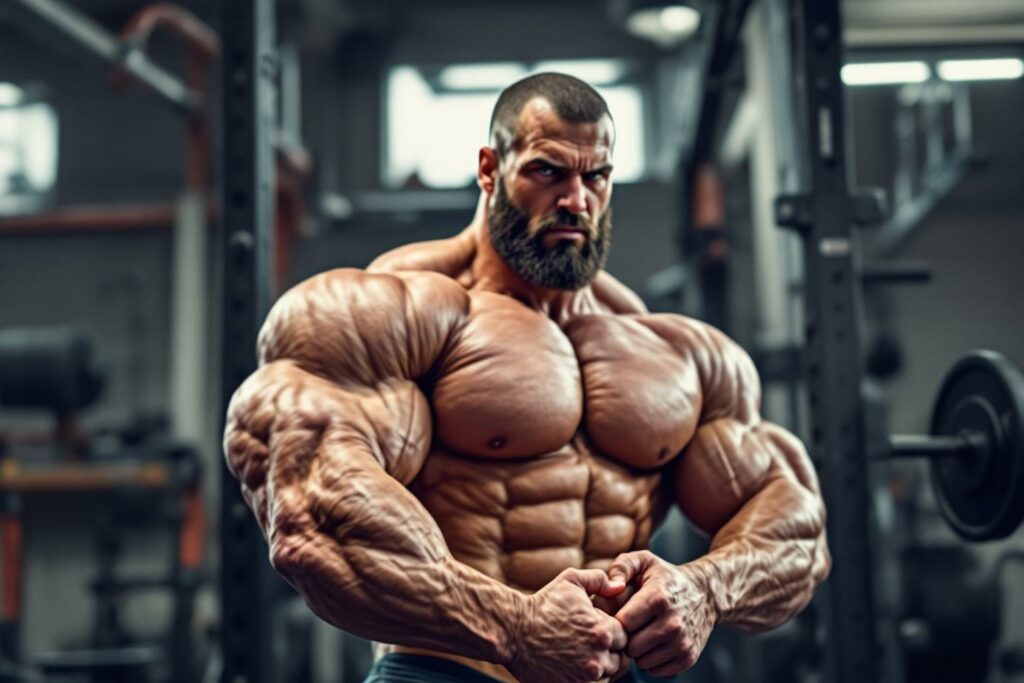 Homme très musclé posant dans un gymnase avec des haltères