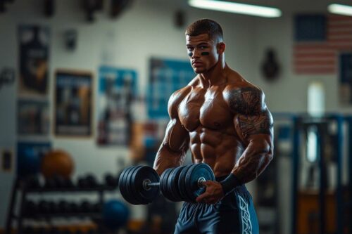 Athlète musclé en salle de musculation, portant des shorts bleus