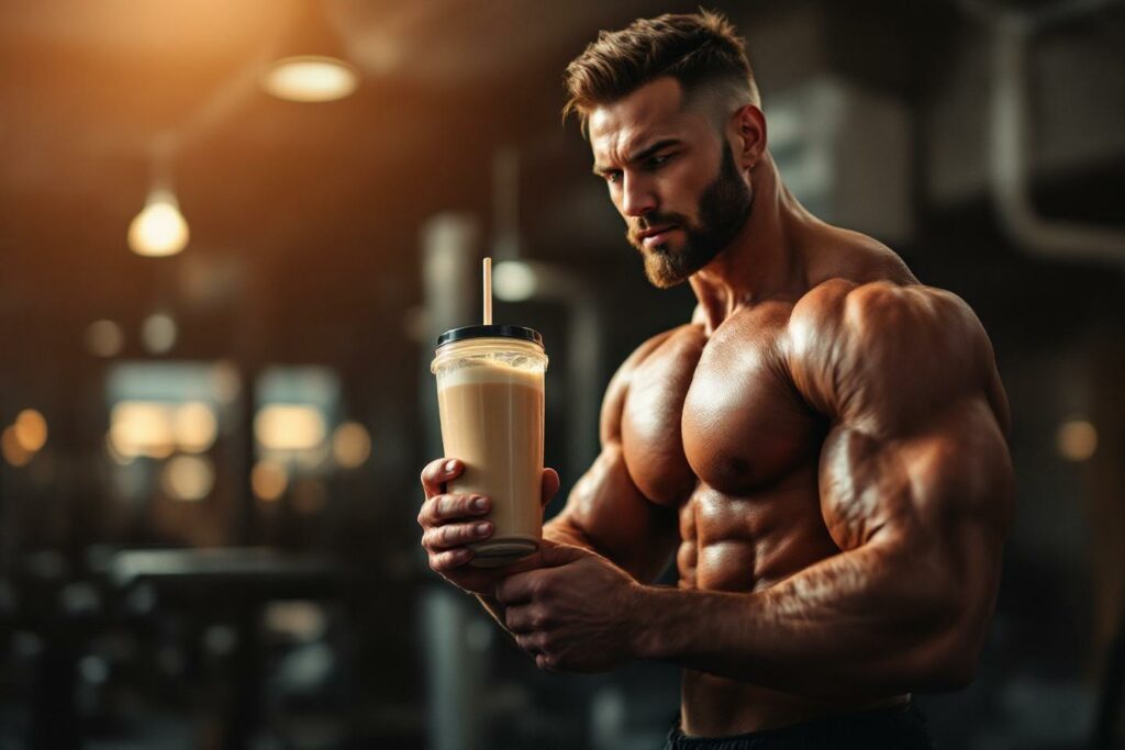 Homme musclé avec boisson nutritive dans un environnement sombre
