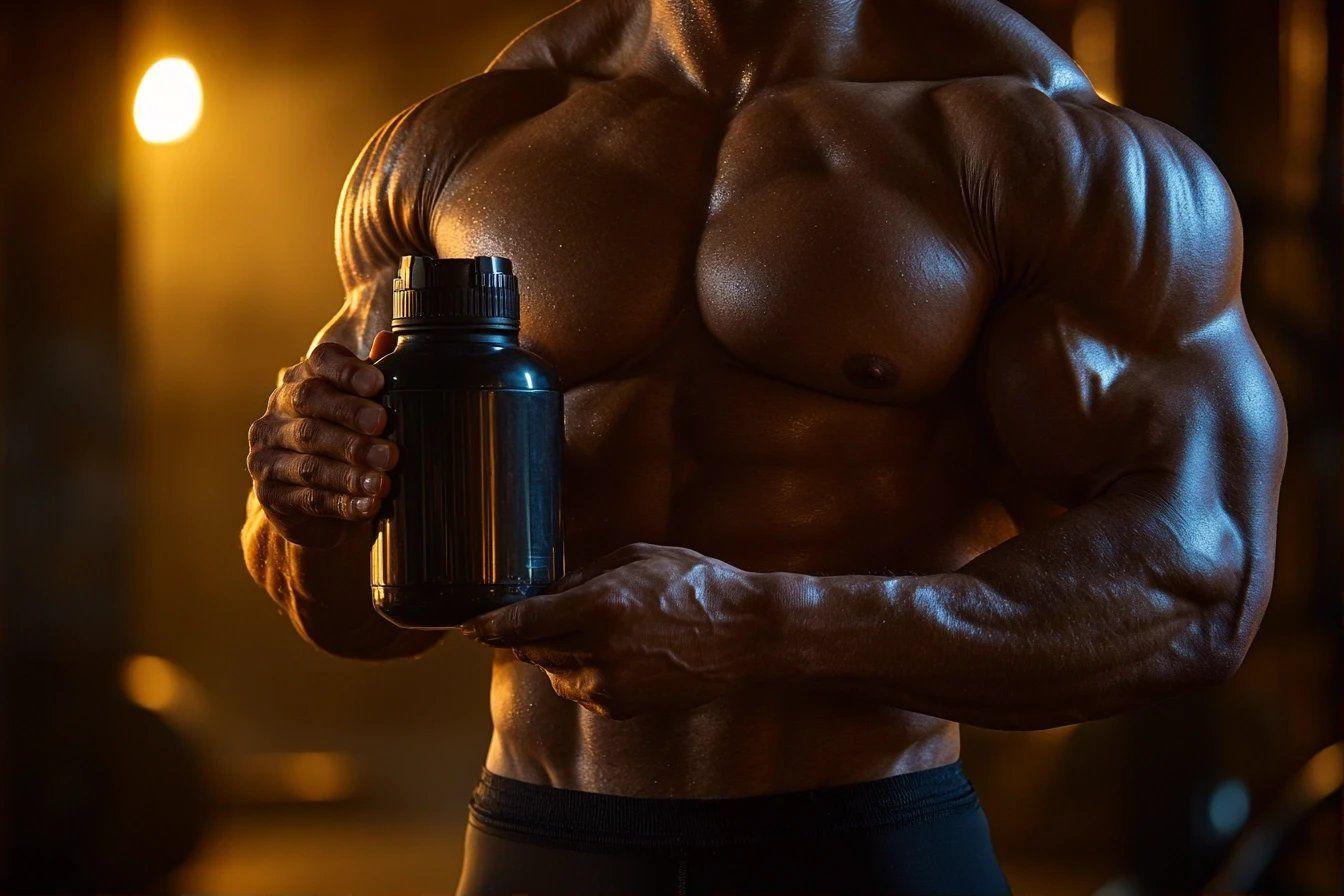 Torse musclé tenant un flacon de protéines ou de complément nutritif