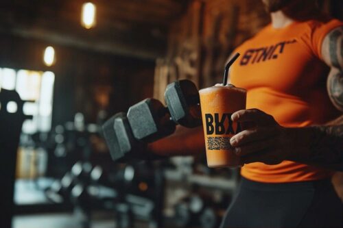 Verre de boisson BBX avec haltères et sportif en orange