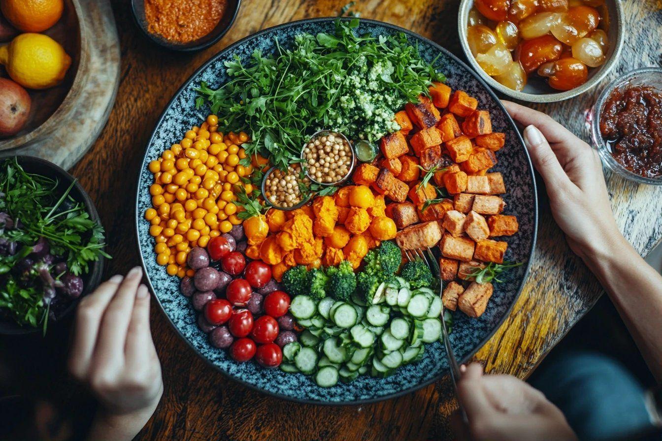 Assiette bleue remplie de légumes frais et rôtis colorés