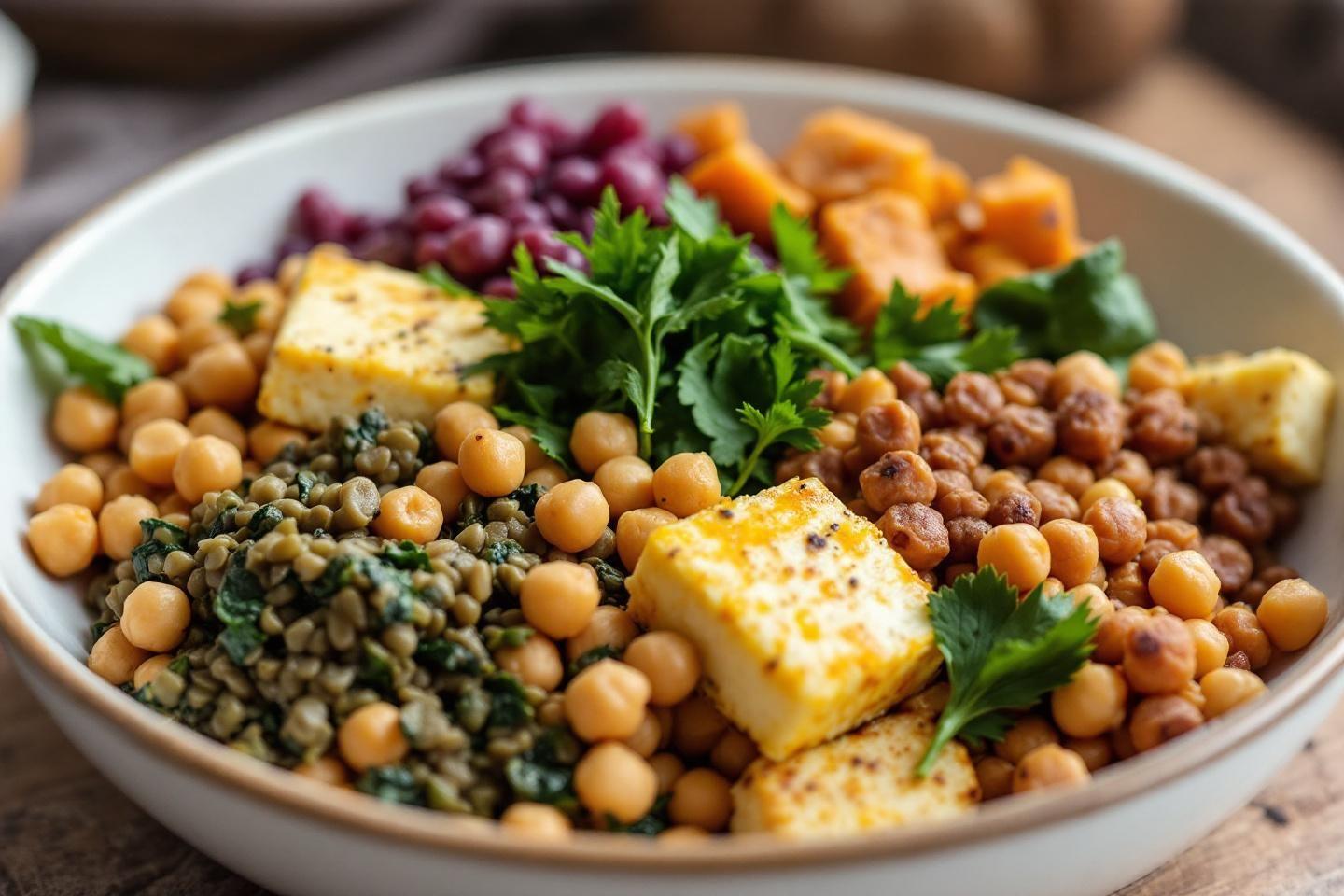 Bol avec pois chiches, tofu, lentilles et légumes frais