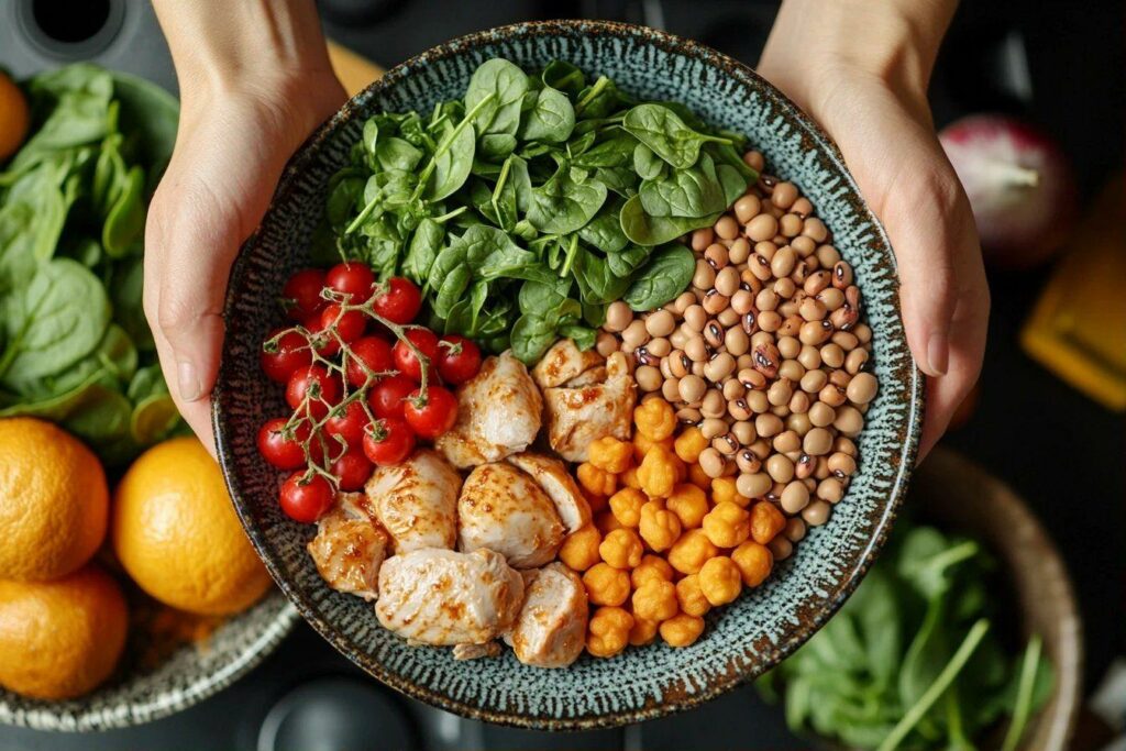 Bol avec poulet, pois chiches, tomates, épinards et oranges