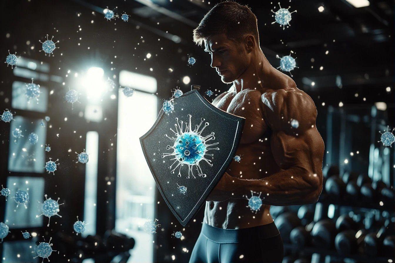 Homme musclé protégeant contre des virus flottants