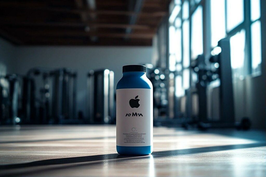 Bouteille blanche et bleue avec logo Apple sur sol brillant