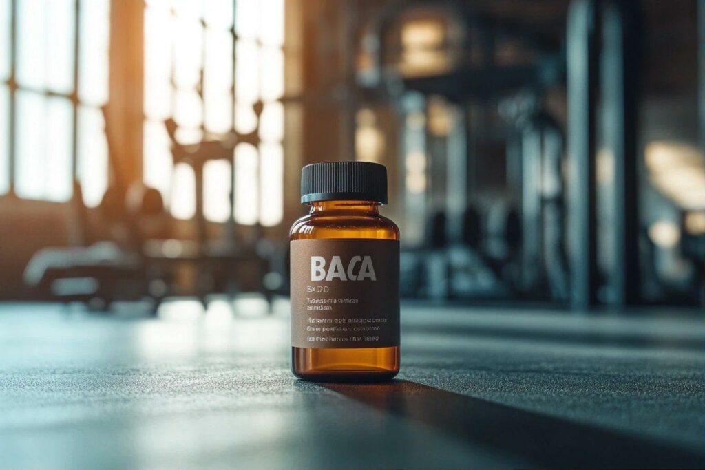 Flacon ambre Baca posé sur une surface texturée grise