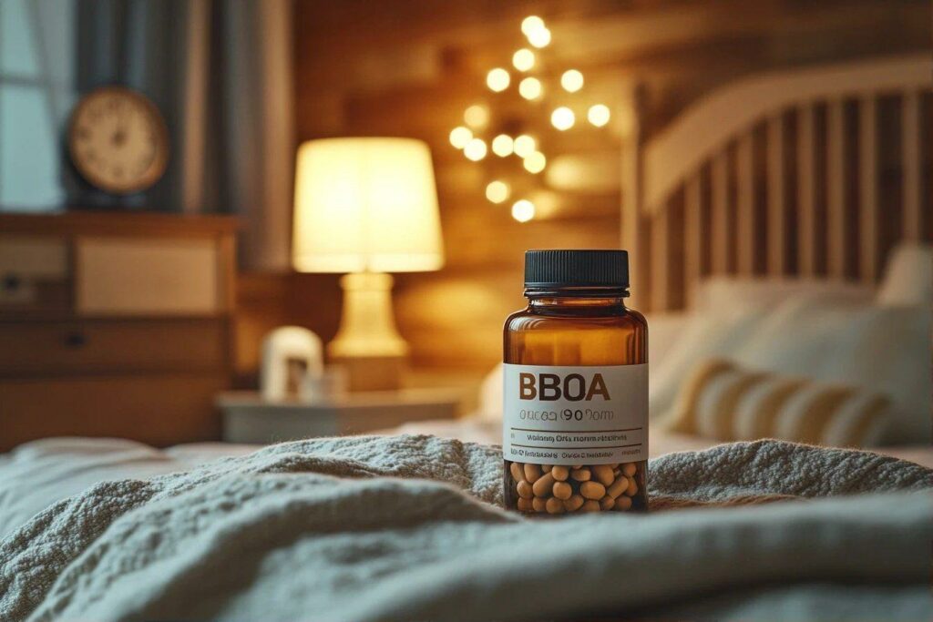 Flacon ambre au milieu d'une chambre chaleureuse et feutrée