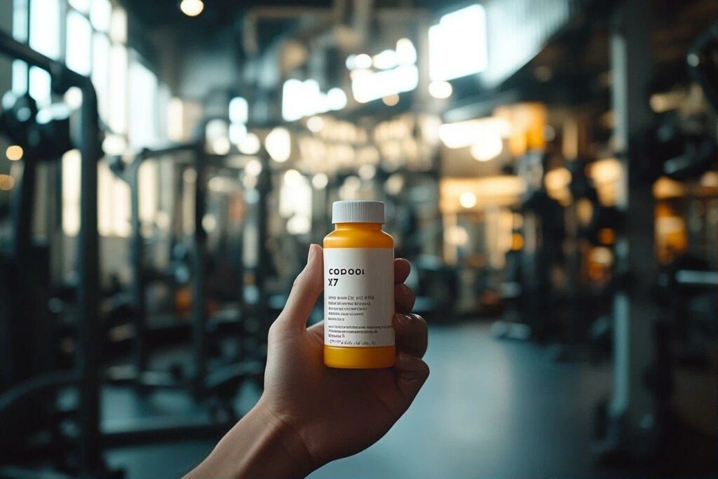 Main tenant une bouteille jaune Codool X7 dans un gymnase