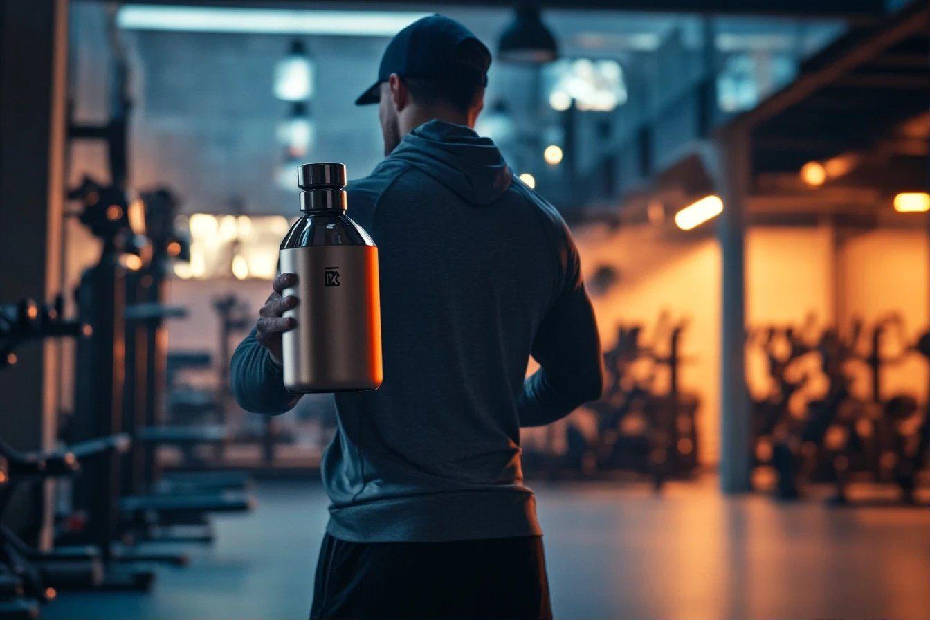 Dos d'une personne tenant une bouteille dans un environnement fitness