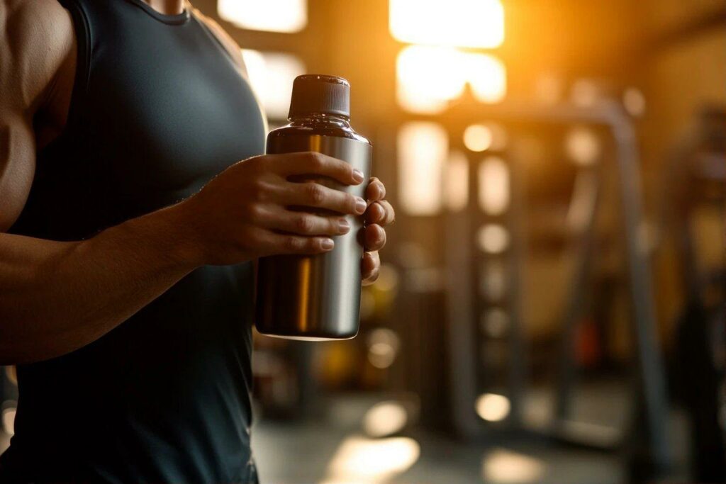Main tenant une bouteille de sport dans une salle