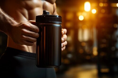 Main musclée tenant une bouteille d'eau noire
