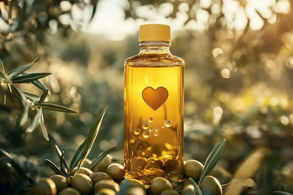 Bouteille ambrée avec cœur, entourée d'olives sur branche