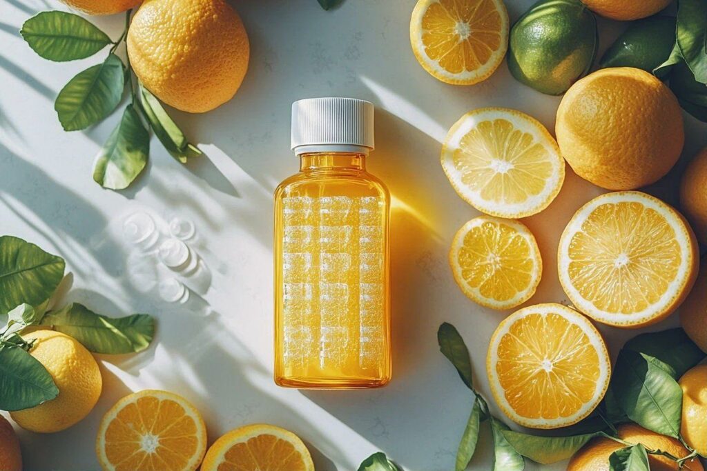 Bouteille ambrée entourée d'oranges et citrons frais