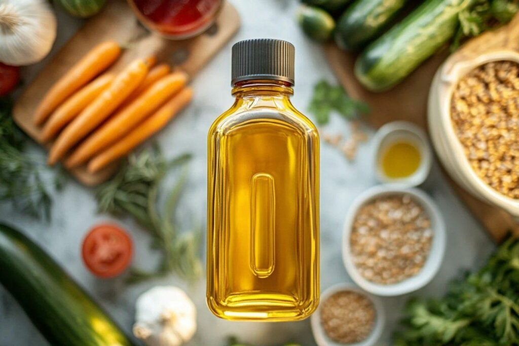 Bouteille d'huile dorée entourée de légumes et épices