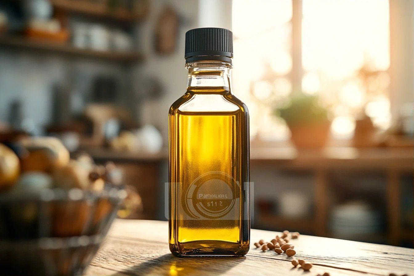 Bouteille ambrée d'huile avec graines sur table en bois