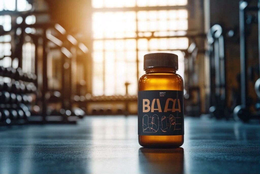 Supplément de BCAA ambre sur un sol de gymnase