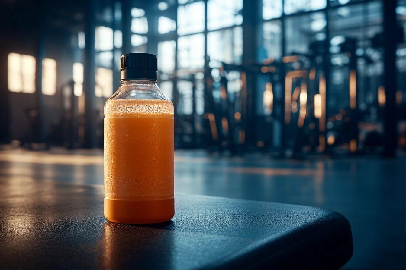 Bouteille en verre de jus orange sur surface sombre