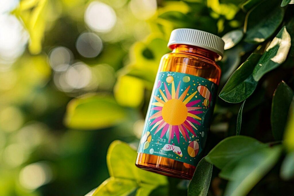 Flacon de médicaments avec étiquette solaire sur fond de feuilles vertes