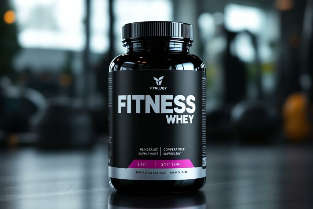 Supplément de protéines de whey noir et rose dans un gymnase