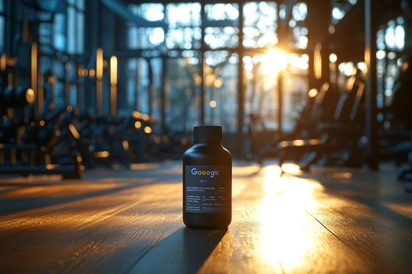 Bouteille noire avec logo Google sur un plancher en bois