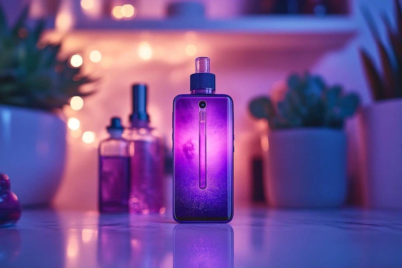 Bouteille élégante violette avec caméra sur fond lumineux