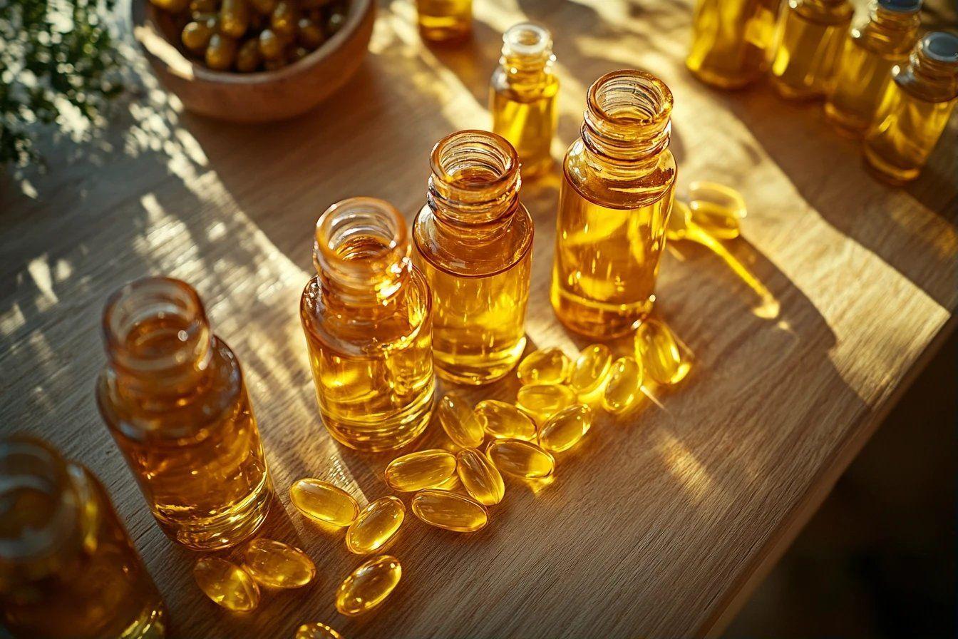 Bouteilles en verre dorées avec capsules et ombres lumineuses