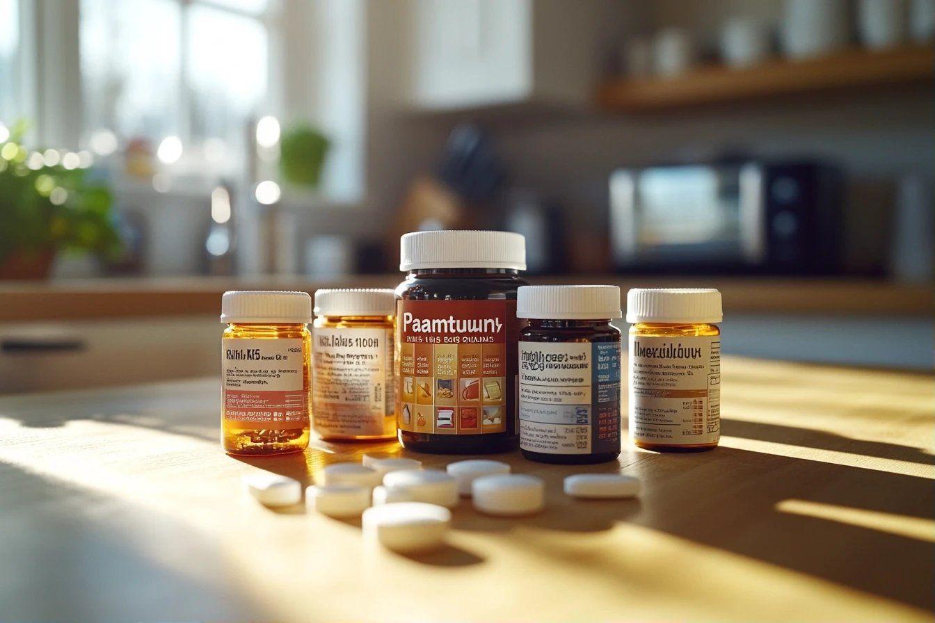 Médicaments sur table en bois, lumière douce du matin