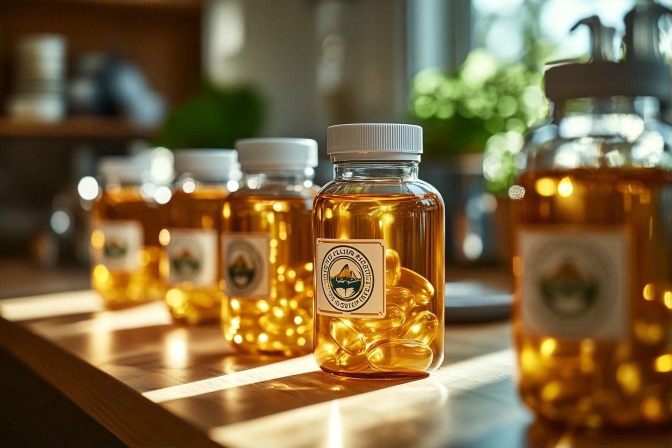 Flacons de vitamines ambrés sur une surface lumineuse