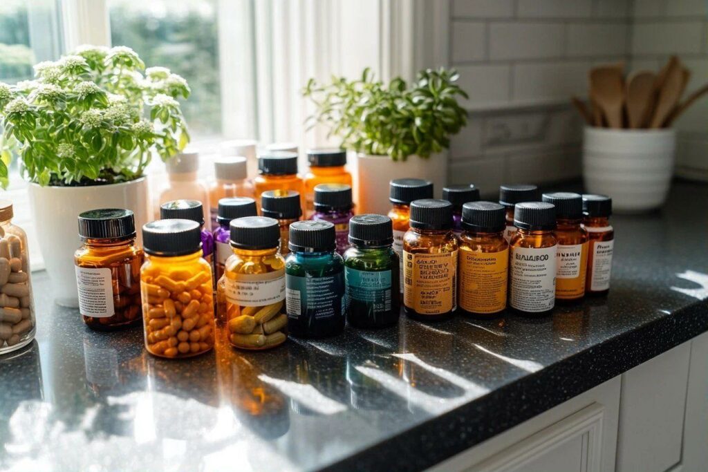 Divers flacons de vitamines et de compléments nutritifs près de plantes vertes