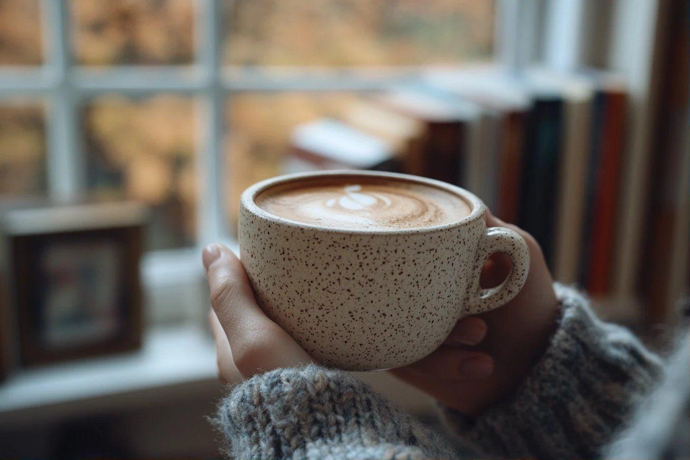 Tasse de cappuccino avec motif latte art près des livres