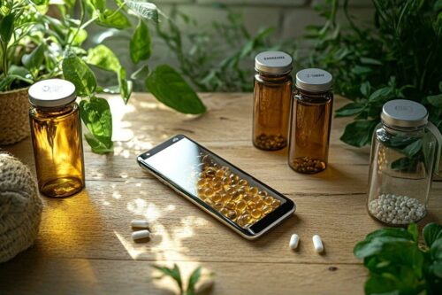 Smartphone entouré de flacons et de capsules sur une table en bois