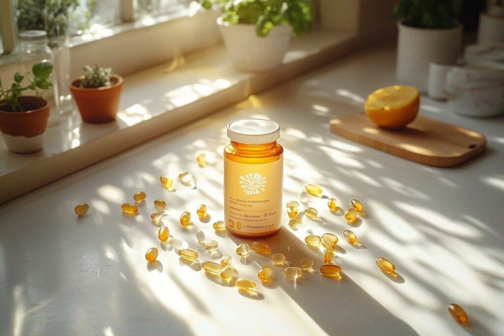 Bouteille de suppléments avec capsules dorées sur surface lumineuse